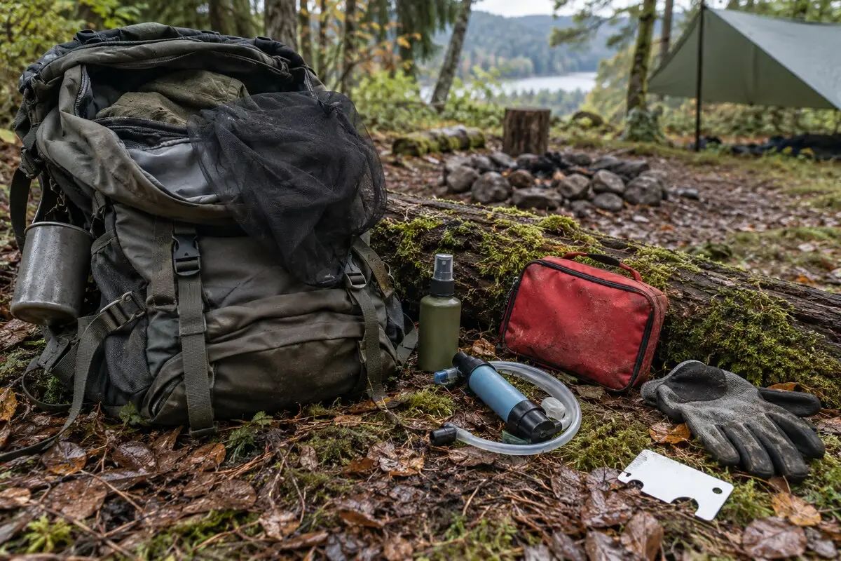 Tasche an einem Waldlager