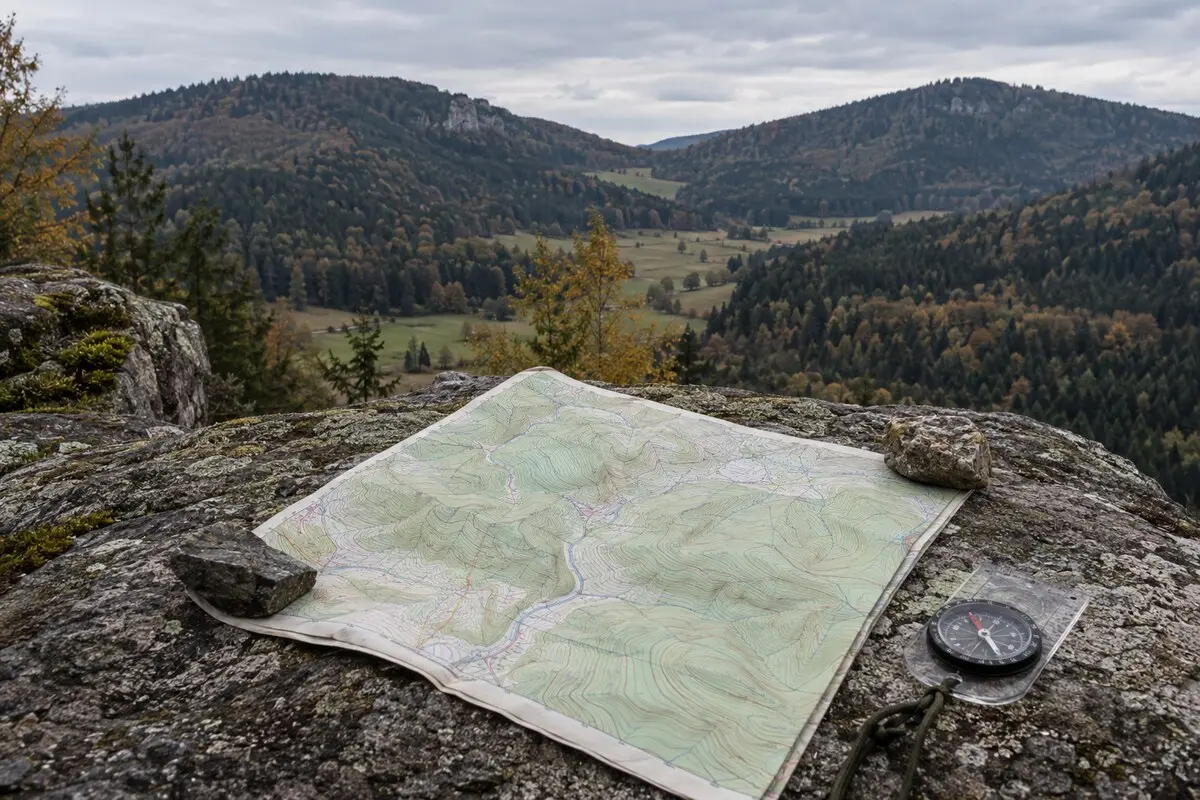 Topografische Karte mit Höhenlinien und Plattenkompass vor einem realen Tal zwischen zwei bewaldeten Bergrücken
