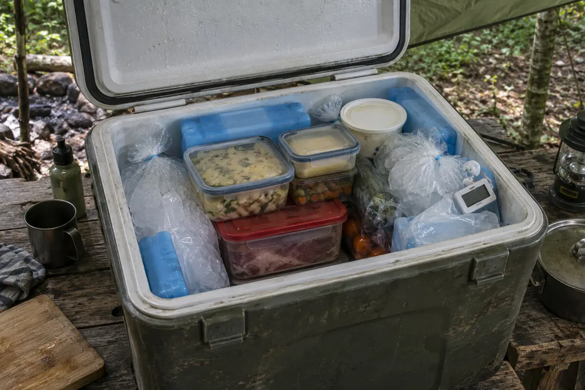 Gebrauchte Kühlbox in einem Waldlager mit dicht geschlossenen Lebensmittelbehältern, Kühlelementen, Eisbeuteln und Thermometer
