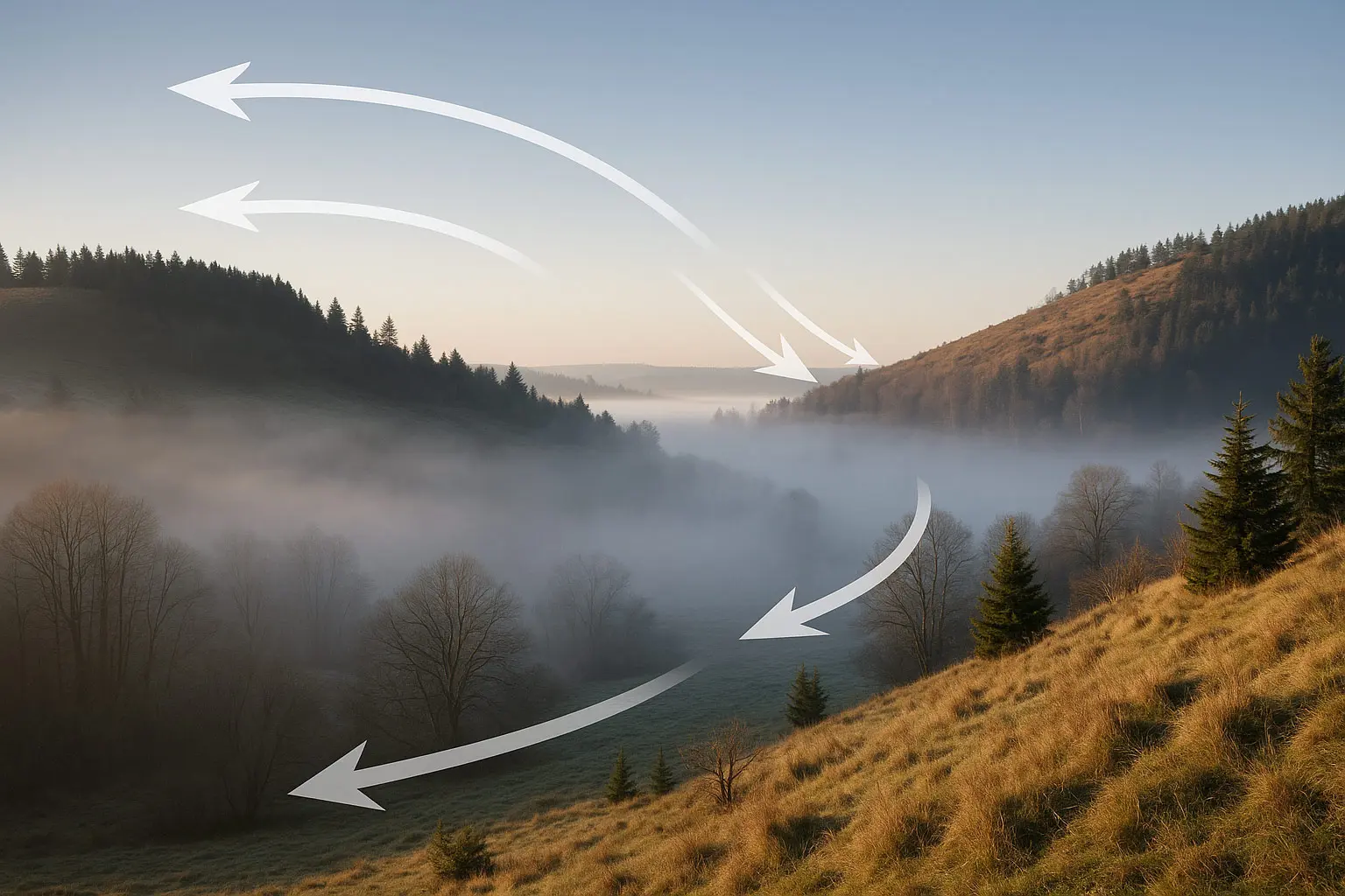 Tal mit Nebelansammlung und schematisch eingezeichneten Luftströmungen über den Hängen