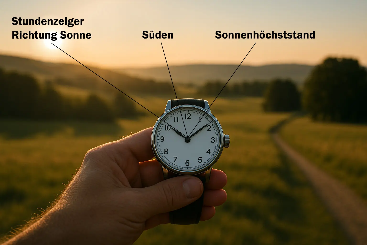 Stundenzeiger exakt zur Sonne ausgerichtet; daneben gedankliche Referenzmarke für lokalen Sonnenmittag; spätnachmittägliches Licht über hügeliger Landschaft, klare Schattenrichtung