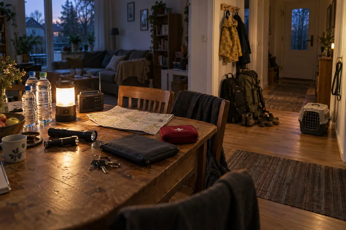 Vorbereiteter Wohnbereich mit Radio, Laterne, Wasser, Karte, Dokumentenmappe und Notgepäck