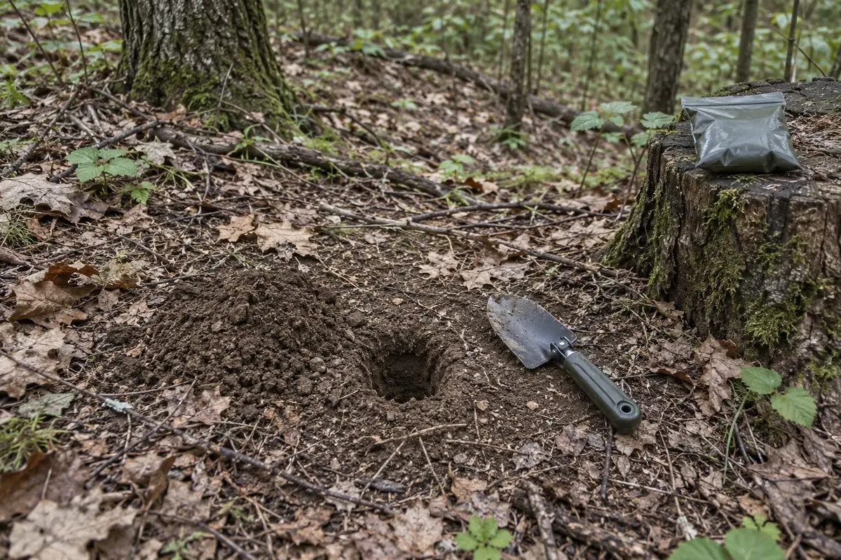 Übersicht eines geeigneten Toilettenplatzes mit Abstand zu Wasser, erkennbarer Abflussrichtung, Schaufel und verschließbarem Beutel