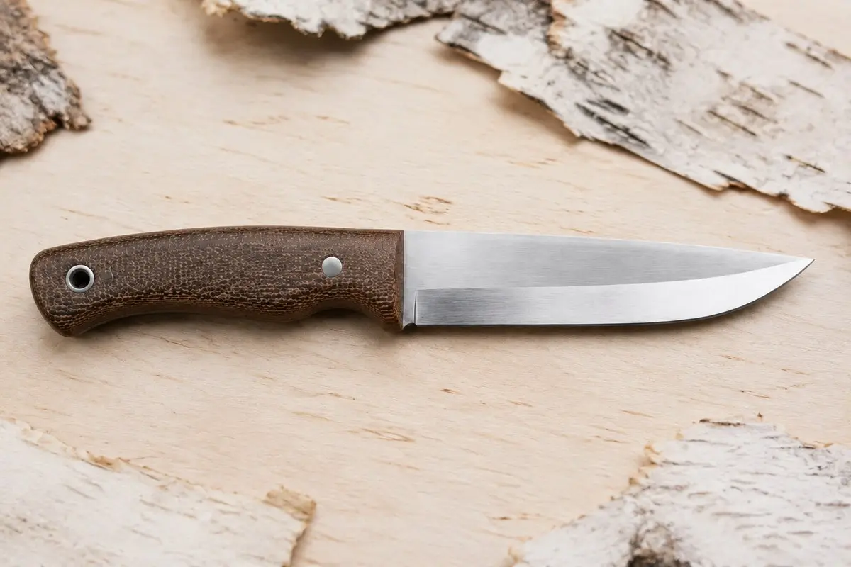 Scandi-Schliff an der Klinge eines Bushcraftmessers