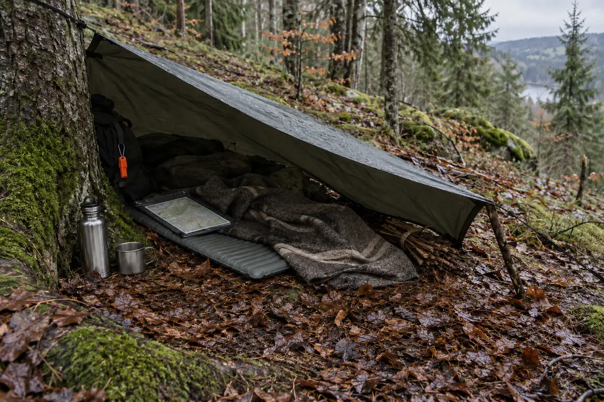 Notshelter unter einem Tarp mit Bodenisolation, Decke, Wasserbehälter, Karte und Signalpfeife in einem nassen mitteleuropäischen Wald
