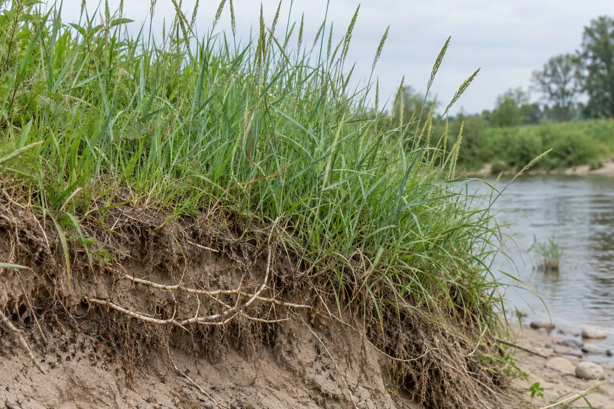 Quecke an einem trockeneren Ufer mit flachen Grasblättern, zweizeiliger Ähre und hellen knotigen Rhizomen im ausgespülten Boden