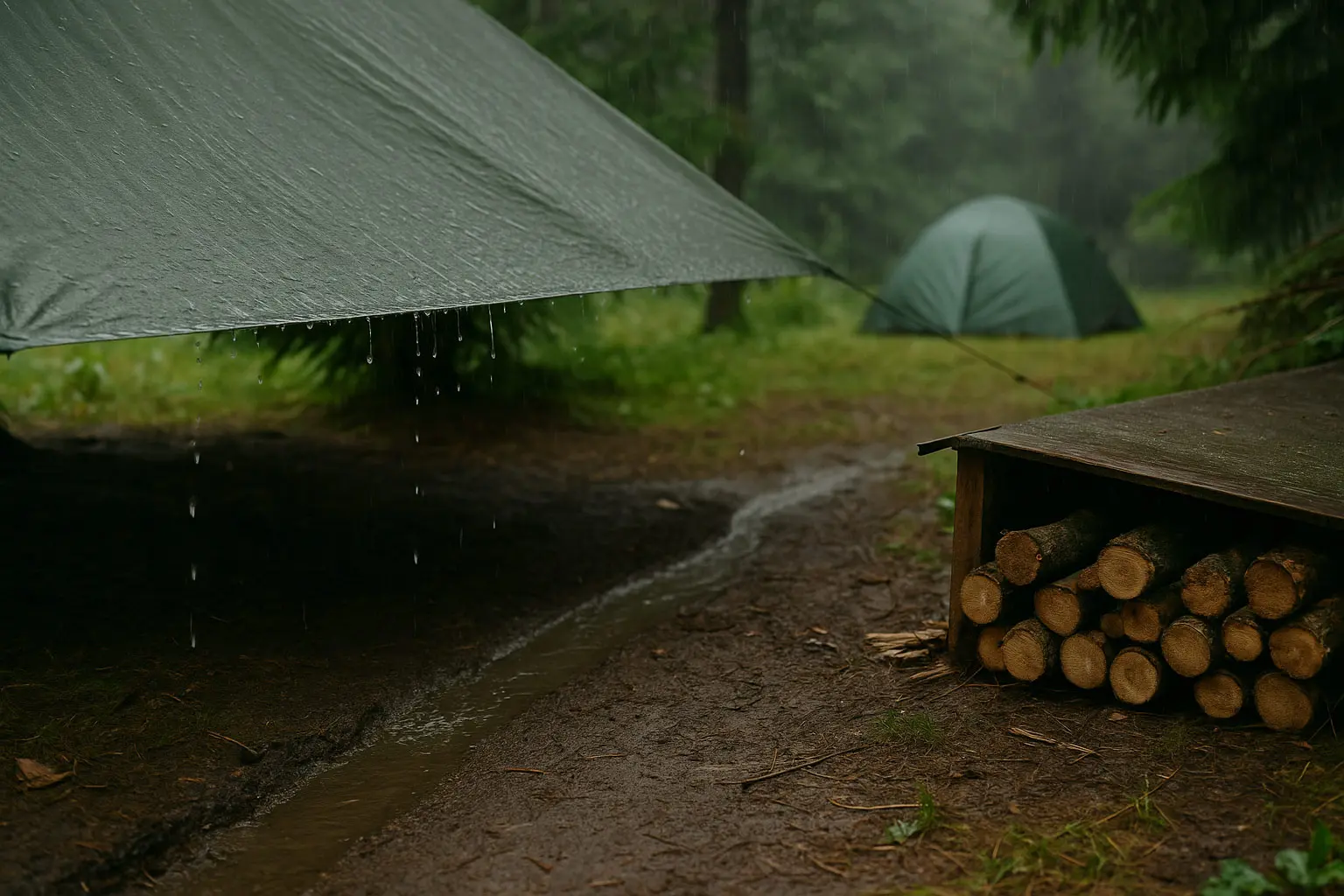 Tarp mit sauber ablaufendem Regenwasser, geschütztem Brennholz und Zelt im Hintergrund