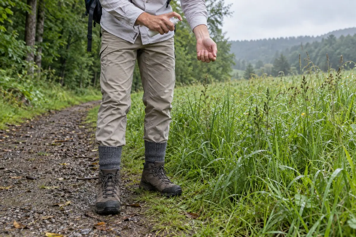 Wanderer mit heller langer Kleidung, in hohe Socken gesteckter Hose und Zeckenrepellent am Waldrand