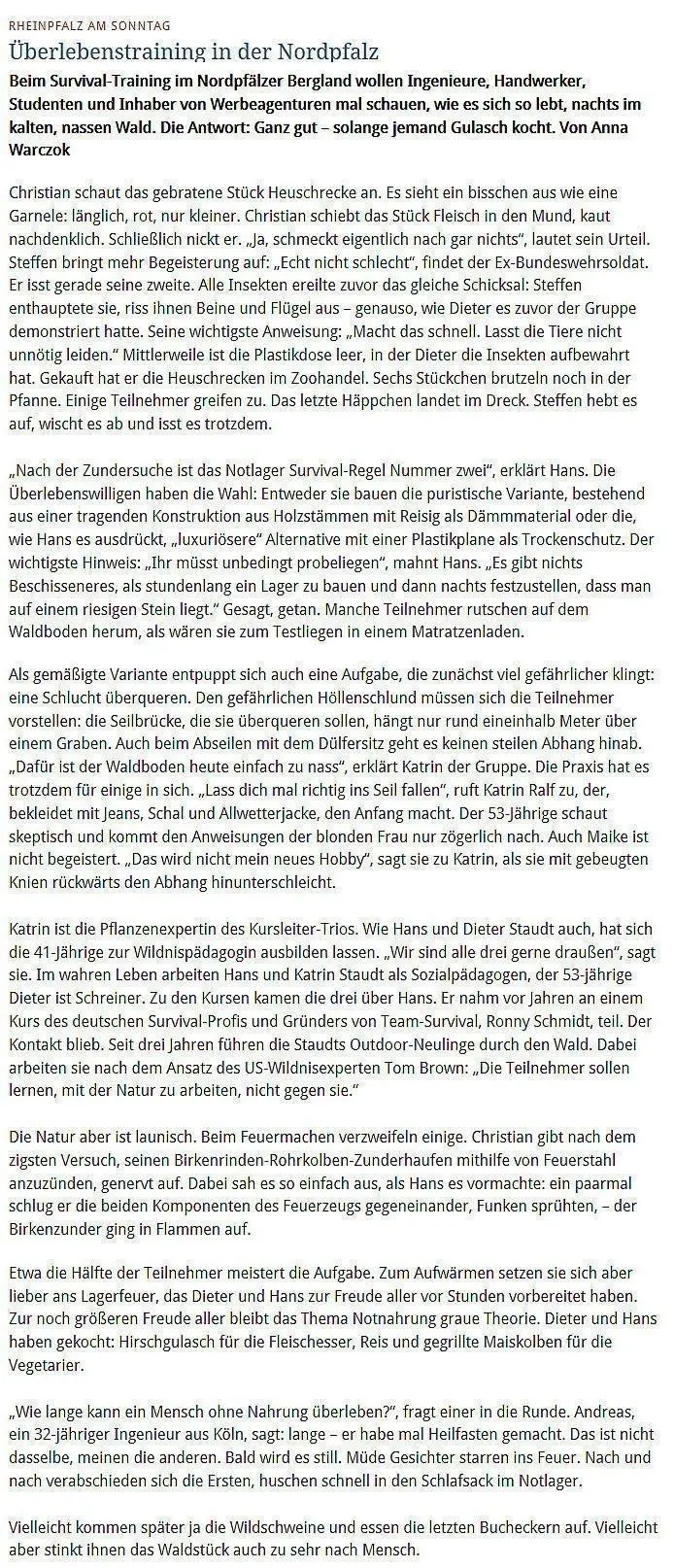 Zeitungsartikel DIE RHEINPFALZ über den Survivalkurs in Rheinland-Pfalz