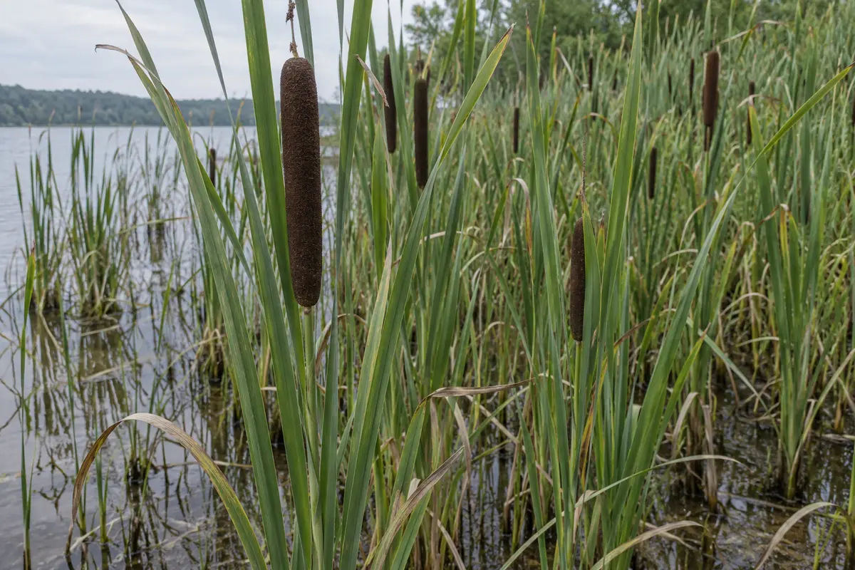 Natürlicher Rohrkolbenbestand im flachen Wasser mit braunen Kolben und langen bandförmigen Blättern