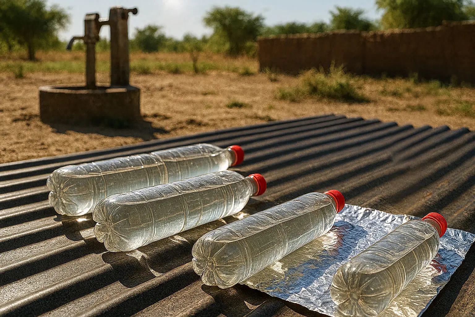 Transparente PET-Flaschen mit klarem Wasser liegen waagerecht in kräftigem Sonnenlicht