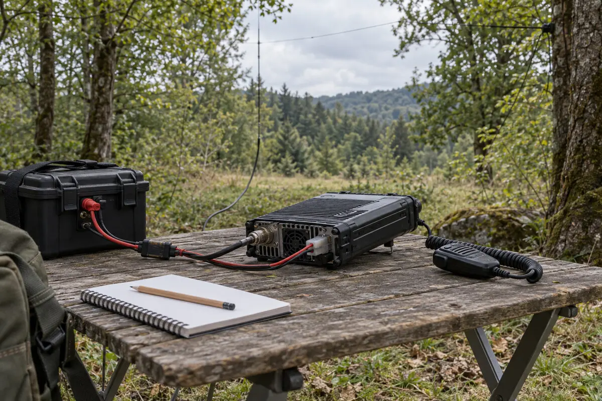 Kompakte portable Funkstation mit Handmikrofon, externer Stromversorgung und Antennenzuleitung auf einem Holztisch