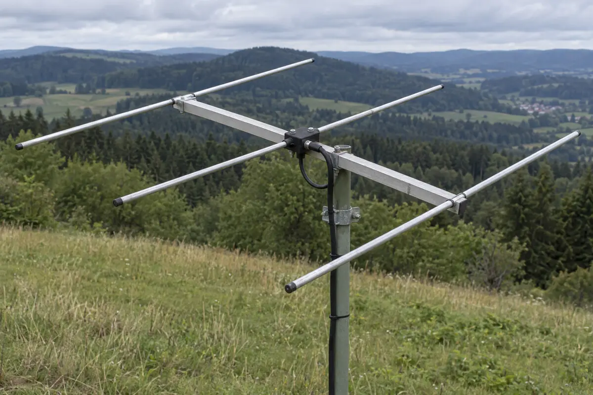 Horizontal montierte portable Yagi-Antenne auf einem Mast vor einer mitteleuropäischen Hügellandschaft
