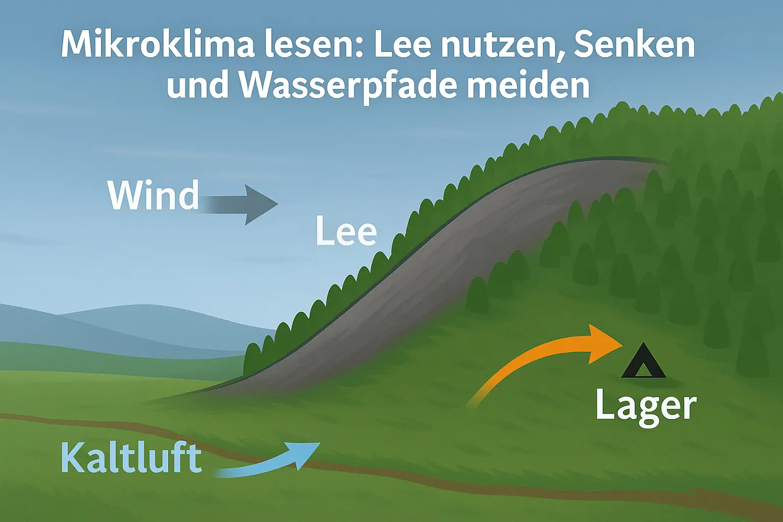 Übersichtsgrafik mit Wind, Leebereich, Kaltluft in einer Senke und einem geeigneten Platz auf leicht erhöhtem Gelände