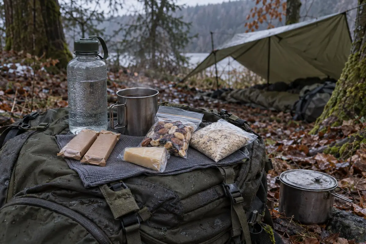 Kleine verpackte Notration mit Wasser, warmem Getränk, Energieriegeln, Nüssen, Trockenfrüchten, Hartkäse und Haferflocken am Waldlager