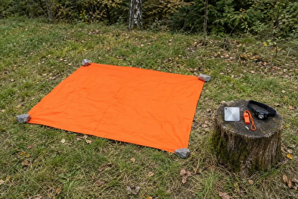 Mit vier Steinen gesicherte orangefarbene Signalfläche neben Signalspiegel, Pfeife und Stirnlampe