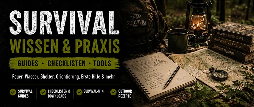 Survival-Wissen von Team-Survival: Guides, Checklisten und Themen zu Feuer, Wasser, Shelter und Orientierung