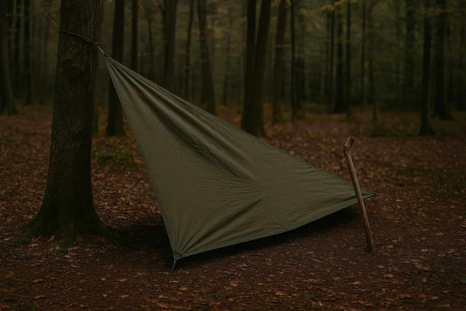 Plow-Point-Tarp mit niedriger geschlossener Spitze und erhöhtem Eingang auf der gegenüberliegenden Seite