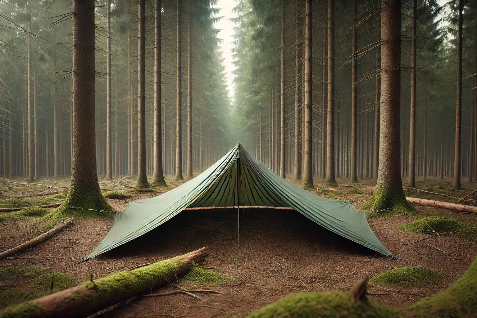 Sehr niedriger A-Frame mit bodennahen Seiten, kurzer Abspannung und kleiner Lüftungsöffnung