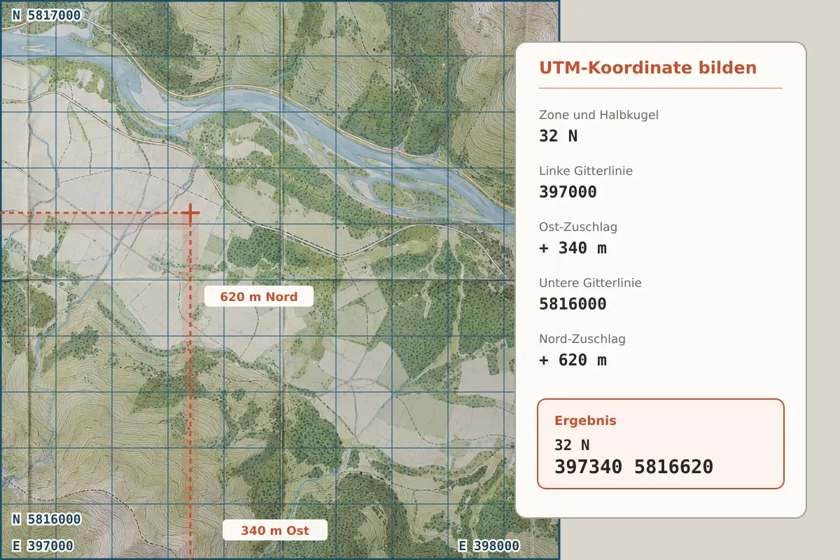 UTM-Kilometerquadrat mit zehn 100-m-Teilungen; Beispielpunkt 340 m östlich und 620 m nördlich der linken unteren Gitterecke