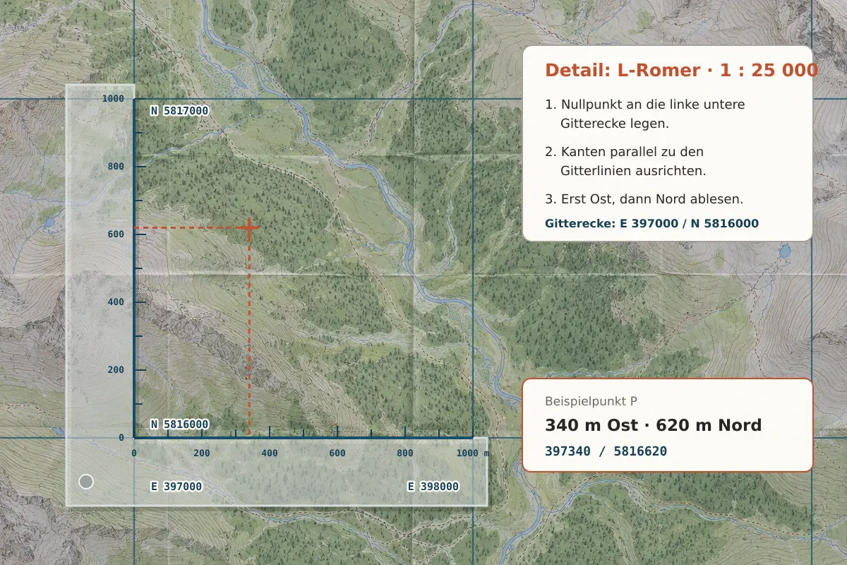 Transparenter L-förmiger Romer auf einer topografischen Karte; Nullpunkt an der linken unteren Gitterecke und Beispielpunkt bei 340 Meter Ost und 620 Meter Nord