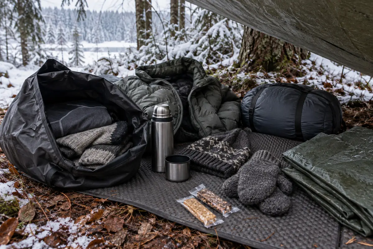 Trockene Kleidung, Schlafsack, Isomatte, Windschutz, Thermosflasche und energiereiche Nahrung liegen geschützt unter einem Tarp