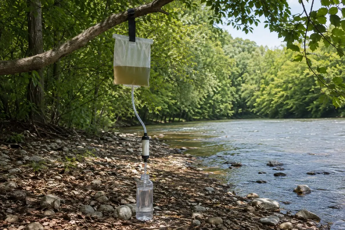 Schwerkraft-Wasserfilter mit Schmutzwasserbeutel, Hohlfaserfilter und sauberer Auffangflasche