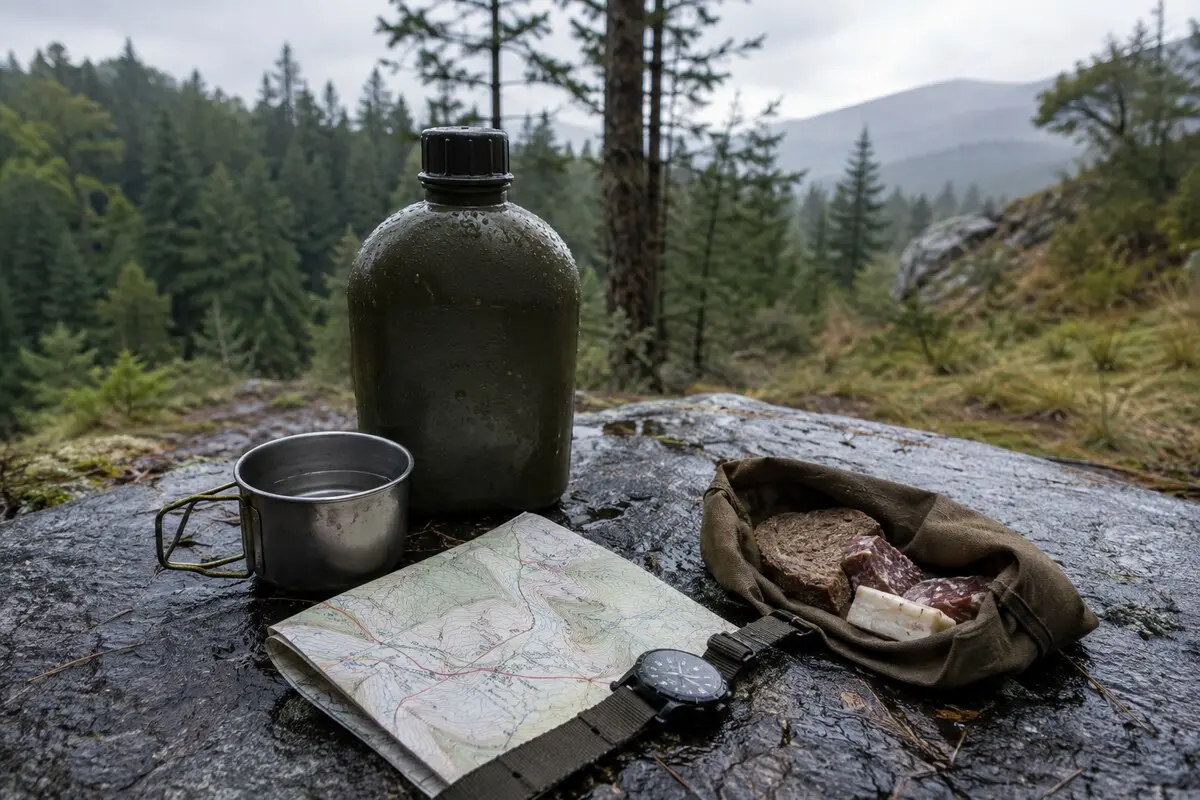 Feldflasche, Trinkbecher, Karte, Uhr und salzhaltige Verpflegung auf einem nassen Felsen an einem Bergweg