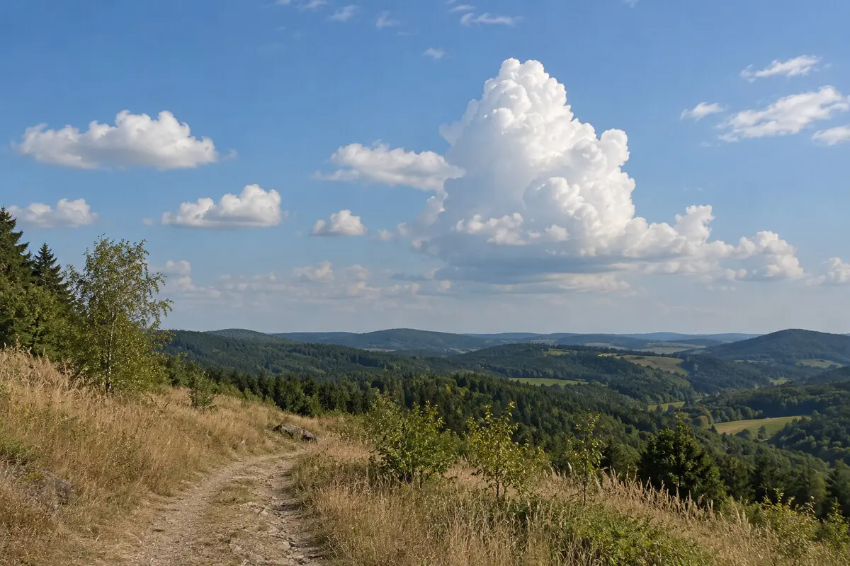 Flache und hoch aufgetürmte Quellwolken über einem Wanderweg im Mittelgebirge