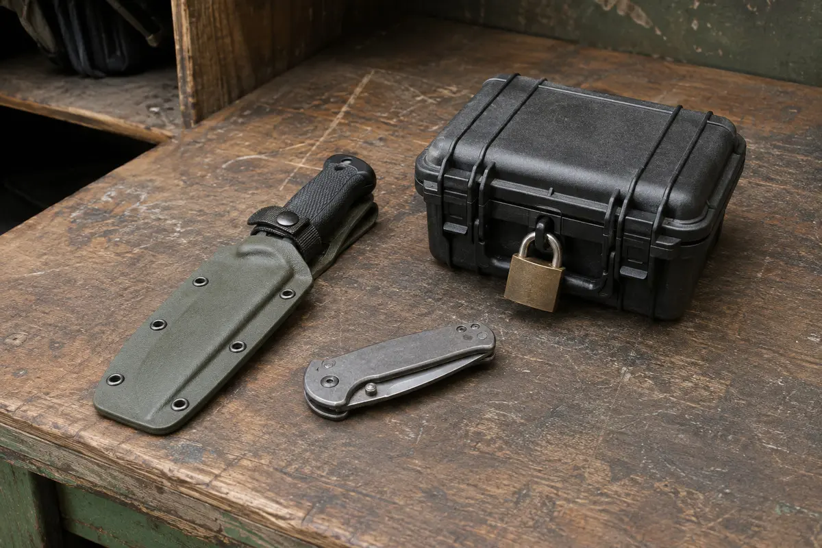 Outdoormesser und geschlossenes Klappmesser neben einem Transportbehälter