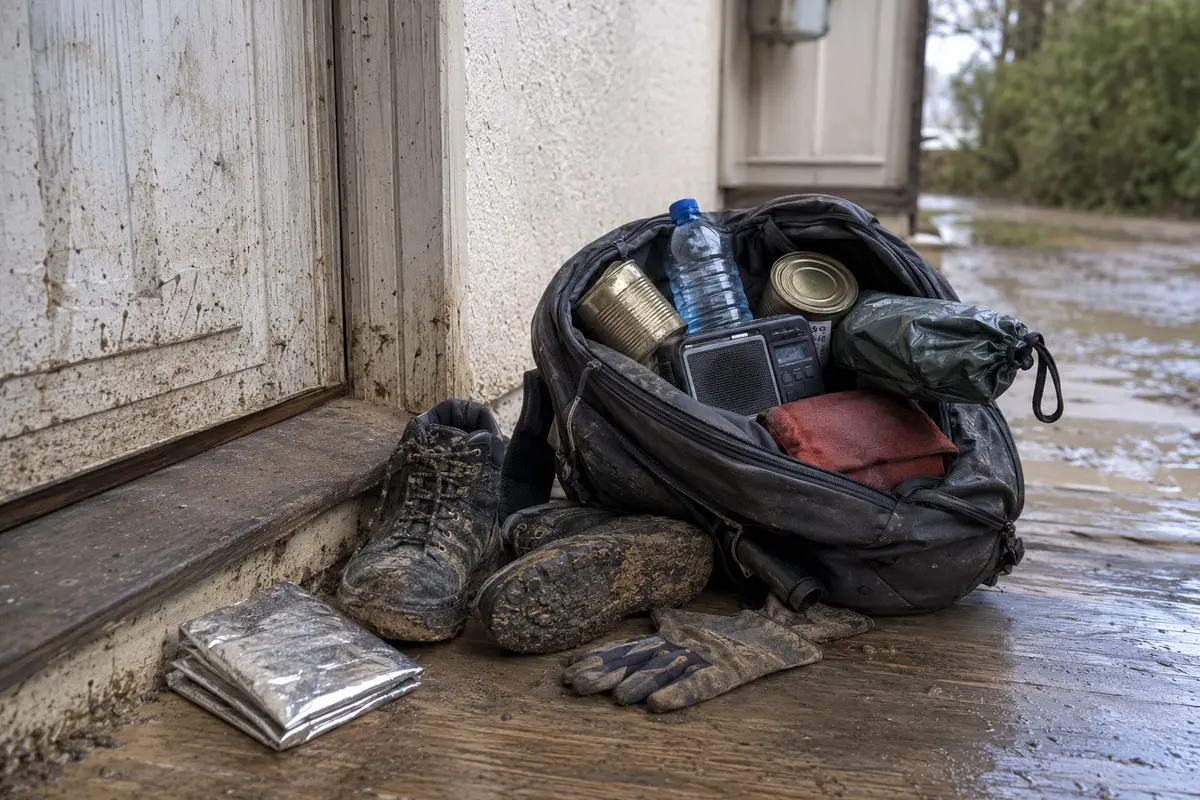 Geöffneter schlammiger Notfallrucksack mit Wasser, Konserven, Radio, Regenzeug und Handschuhen