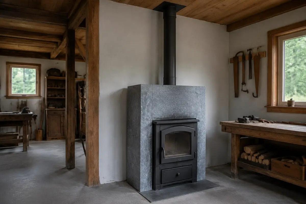 Holzofen mit gemauertem Wärmespeicher und Abgasrohr