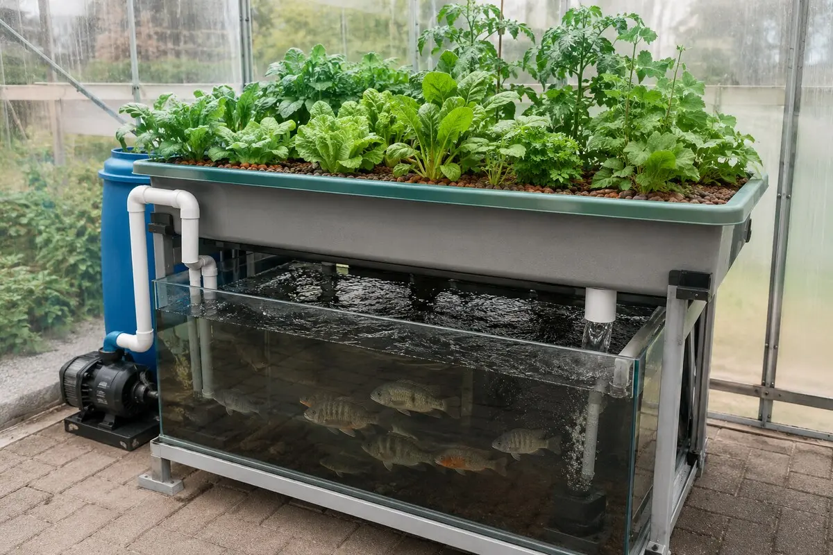 Aquaponik-Anlage mit Fischbecken und Pflanzbeet