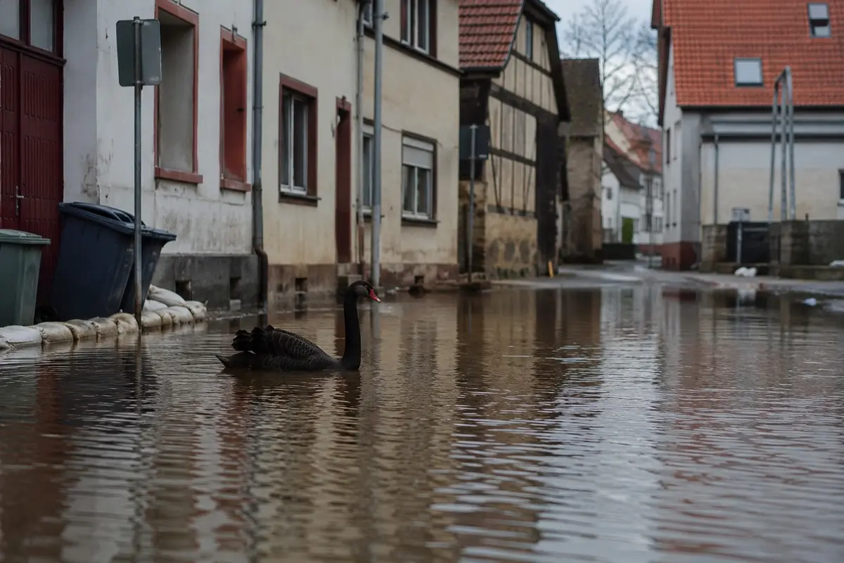 Ein schwarzer Schwan schwimmt durch eine unerwartet überflutete Dorfstraße