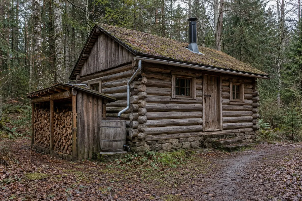 Verwittertes Blockhaus mit Holzlager, Regenfass und Ofenschornstein im feuchten Wald