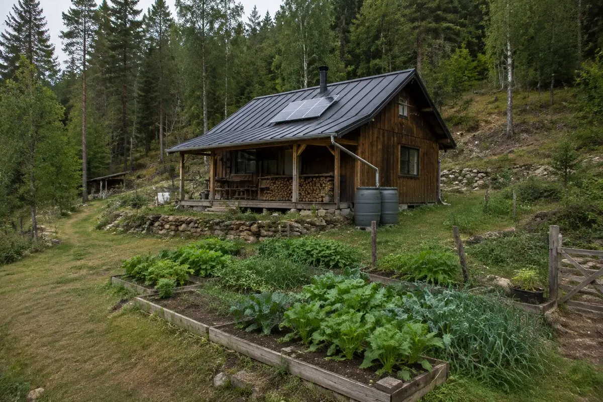 Abgelegene Hütte mit Solarmodulen und Regenwasserspeicher