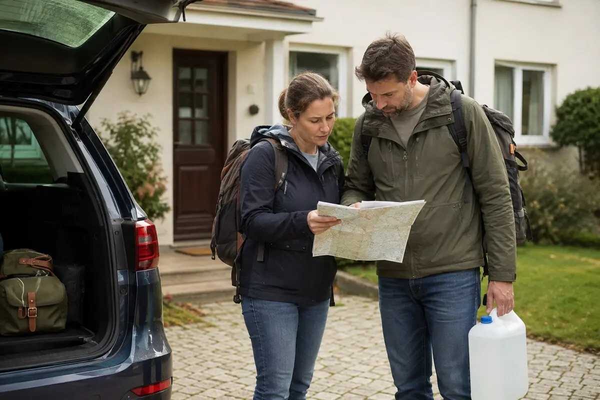 Zwei Personen mit Rucksäcken an einem Fahrzeug