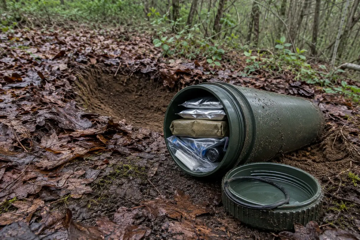 Geöffneter wasserdichter Vorratsbehälter neben einer flachen Grube im Waldboden