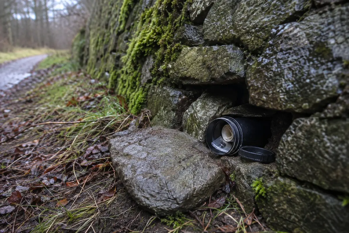 Geöffnete wasserdichte Kapsel in einem Hohlraum einer bemoosten Steinmauer
