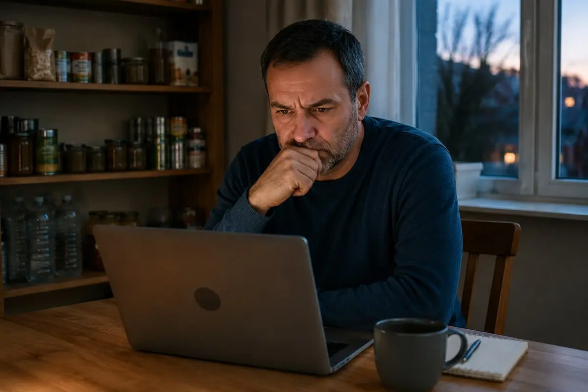 Besorgter Mann vor einem Laptop und Notfallvorräten