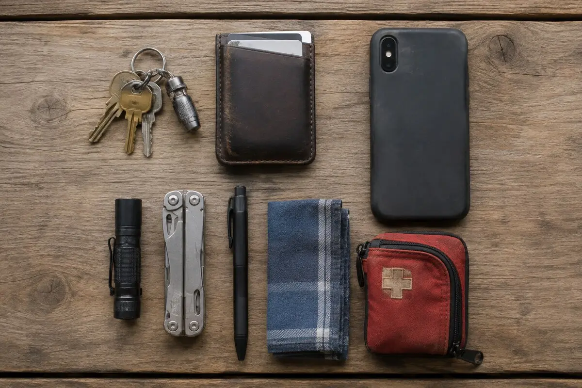 Alltagsausrüstung mit Schlüssel, Lampe und Multitool
