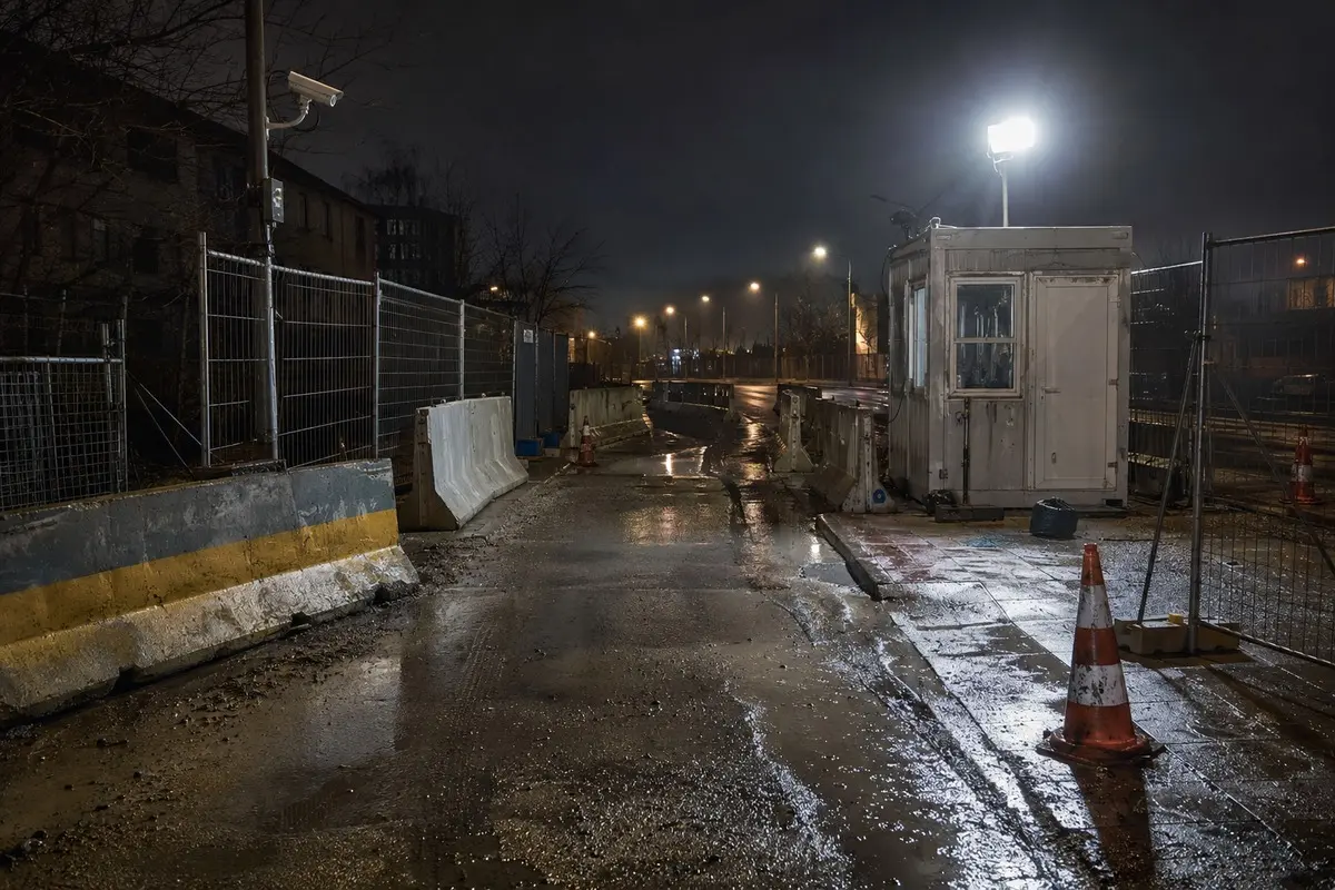 Leerer stark kontrollierter Straßenposten mit Absperrungen, Kamera und Flutlicht bei Nacht