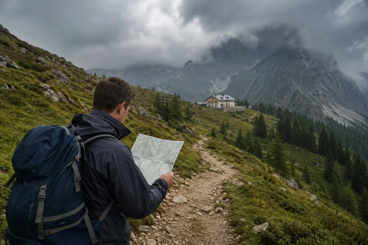 Wanderer orientiert sich auf einem Bergweg