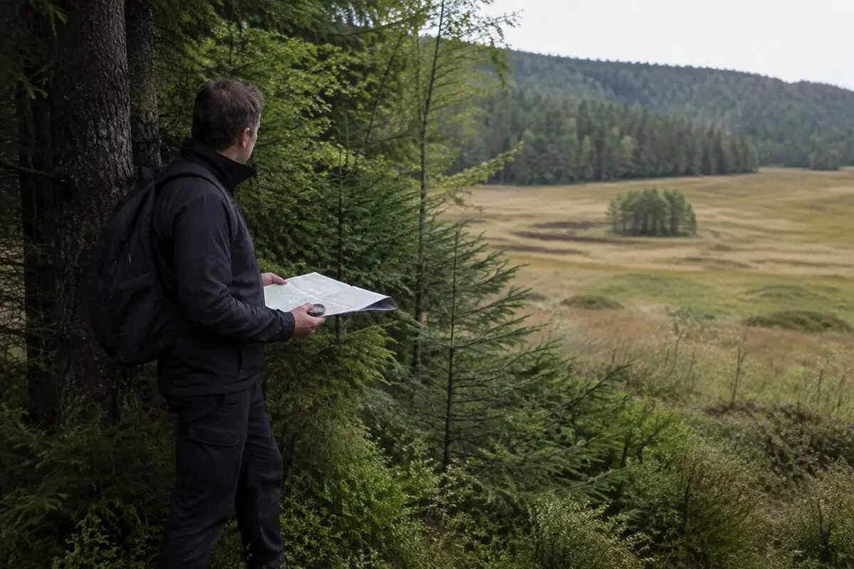 Person am Waldrand mit Karte und Kompass