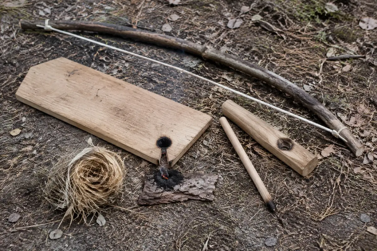 Benutzter Bogenbohrer mit Spindel, Druckstück, Feuerbrett, V-Kerbe und kleiner Glut