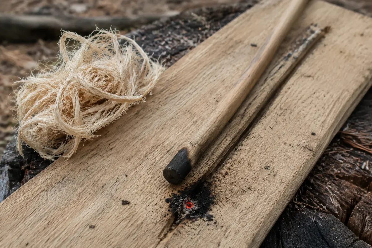 Feuerpflug mit Holzstab, Feuerbrett, Glut und Zundernest