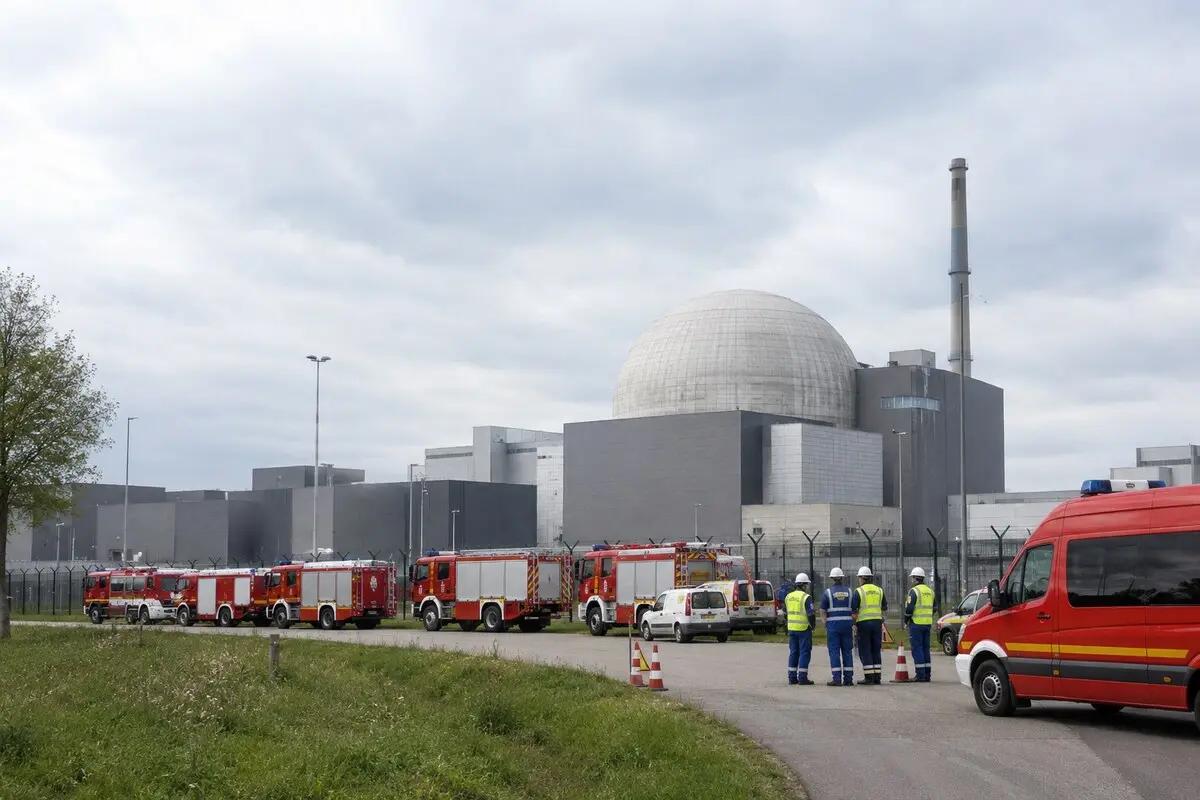 Einsatzkräfte vor einem Kernkraftwerk
