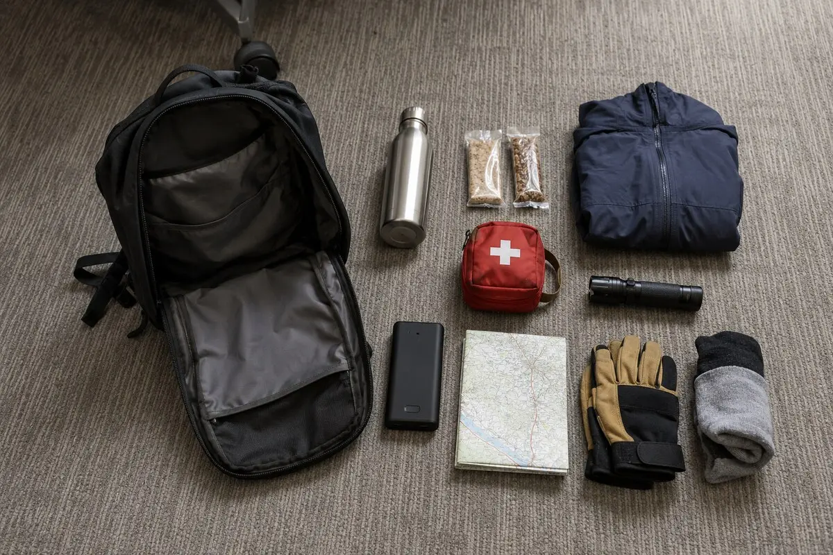 Kompakter Get Home Bag mit Tagesausrüstung