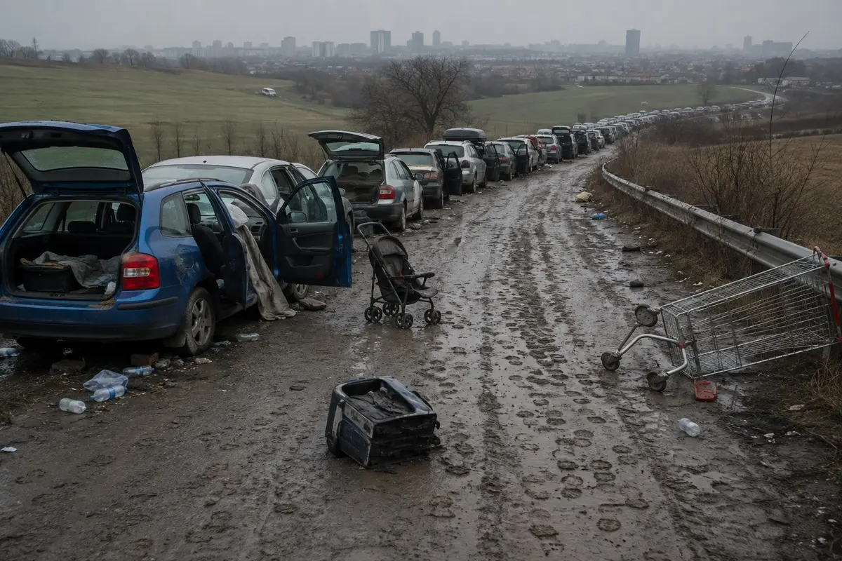 Lange Reihe verlassener Autos und Gepäck auf einer schlammigen Straße aus der Stadt