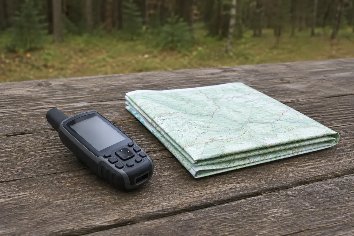 GPS-Handgerät neben einer gefalteten topografischen Karte